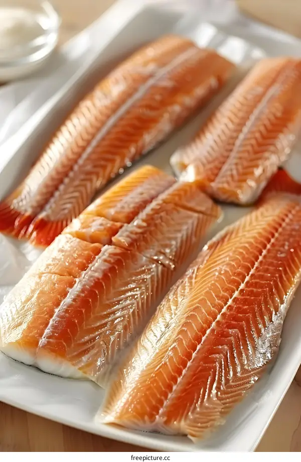 Four fresh salmon fillets on a white cutting board