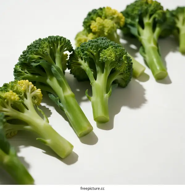 Fresh Green Broccoli Florets Arranged Neatly on White Background