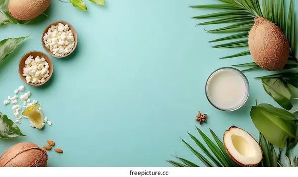 Coconut Milk and Coconut Flakes With Green Leaves on Blue Background