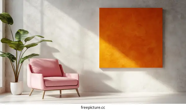 Modern Interior Design with Pink Armchair and Orange Artwork