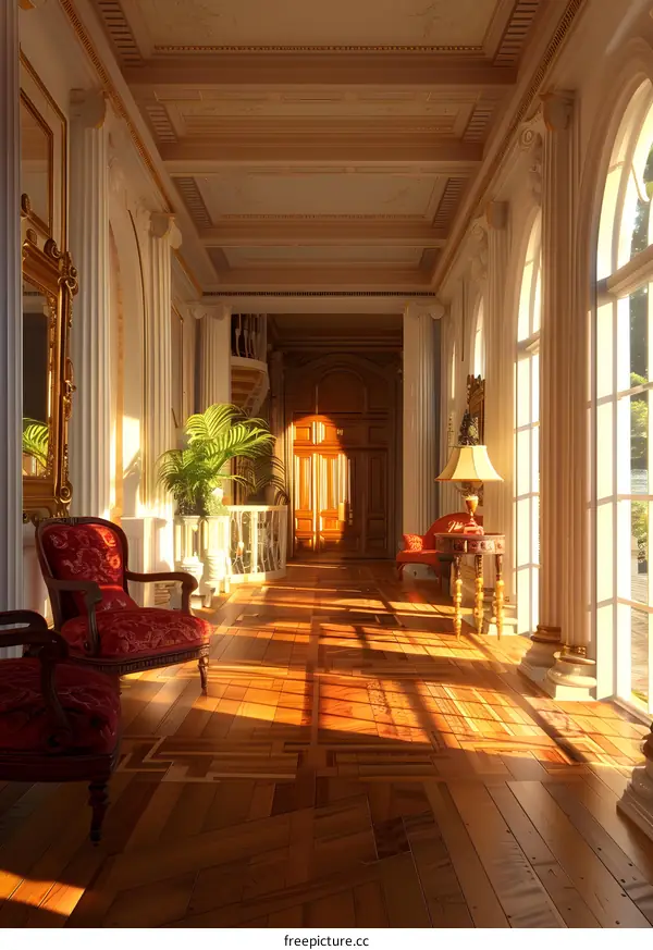 Sunlight Streaming Through Windows in a Grand Hallway