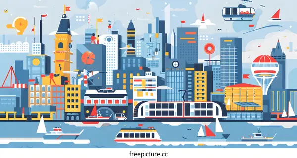 Modern Cityscape with Transportation and Boats