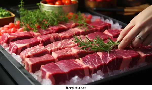 A woman's hand is holding a sprig of rosemary over raw steaks on ice