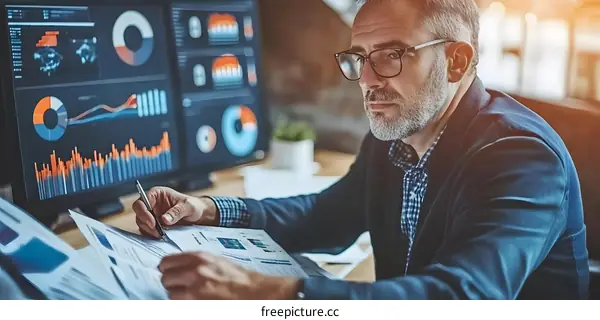 Businessman Analyzing Data on a Computer Screen