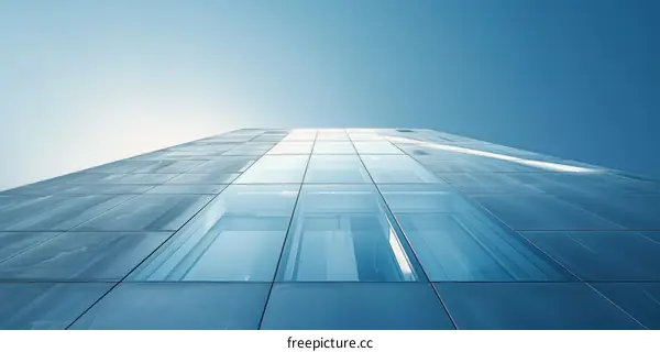 Blue glass skyscraper facade with square windows reflecting the sky