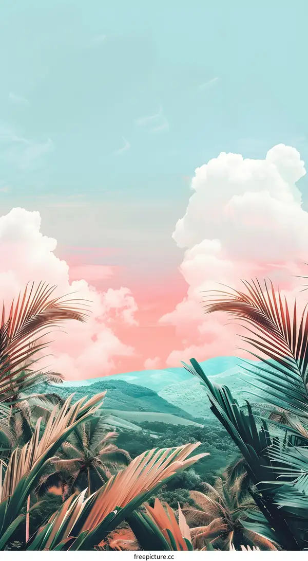 Tropical Landscape with Palm Trees and Pink Clouds