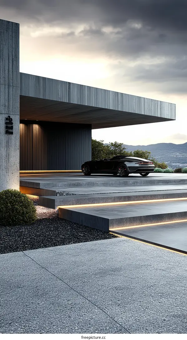 Modern House Exterior with Concrete Steps and Car