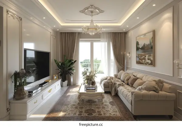 Spacious and Luxurious Living Room with Balcony