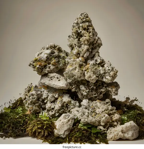 Grey Rocks And Green Moss In A Pile On A Beige Background