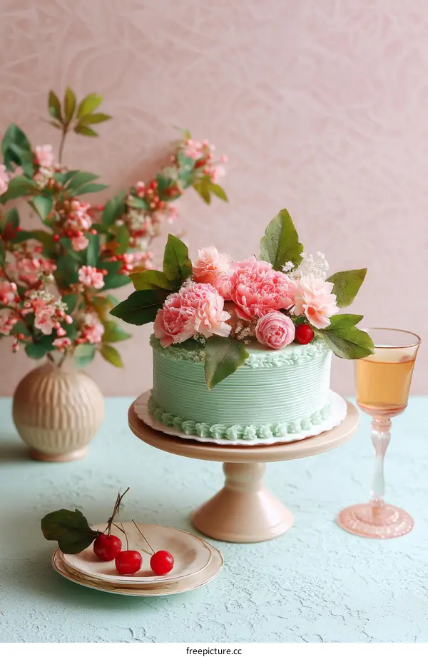 Delicate Pastel Cake Decorated with Fresh Flowers
