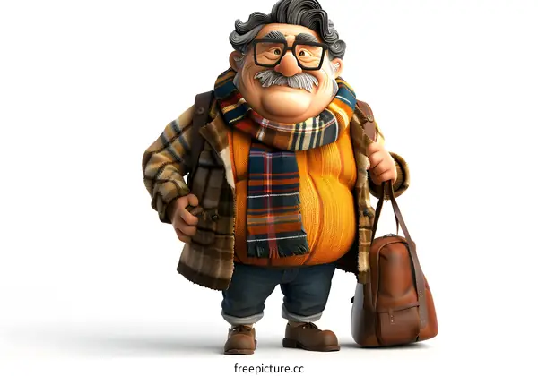 An elderly man with a mustache and glasses is wearing a brown coat and a plaid scarf.