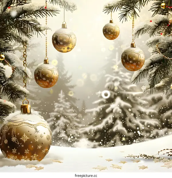 Christmas balls and winter snow scene