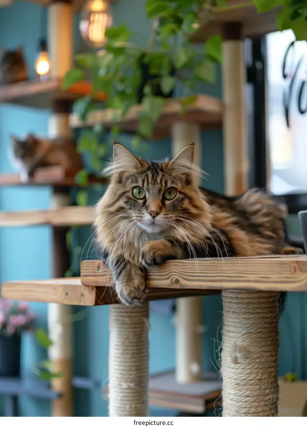 A ginger cat is lying on a wooden cat tree in a pet cafe