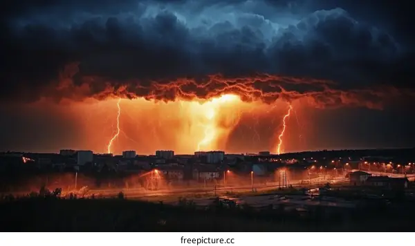 Dramatic Lightning Storm Over Cityscape at Night