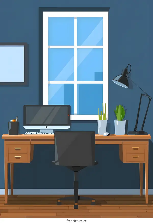 Home Office Desk with Computer and Chair Illustration