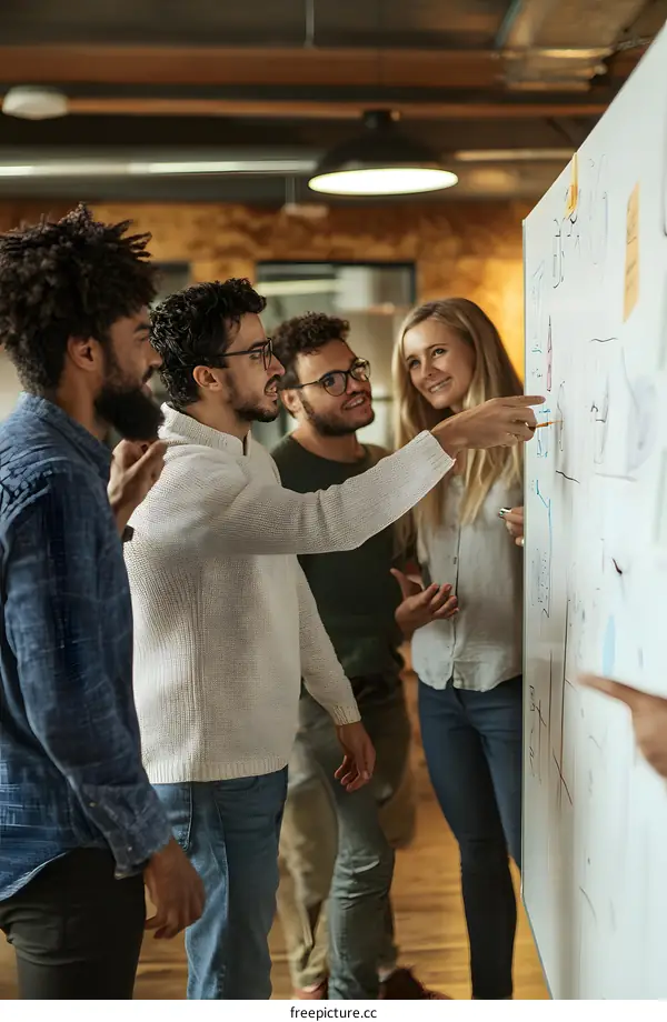 Diverse Team Brainstorming Business Ideas on Whiteboard