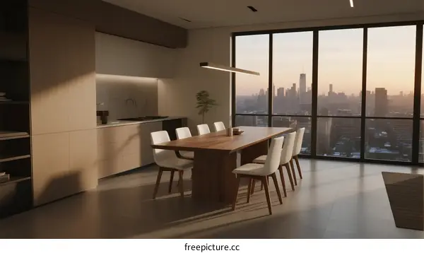 Modern Dining Room with City View and Minimalist Design