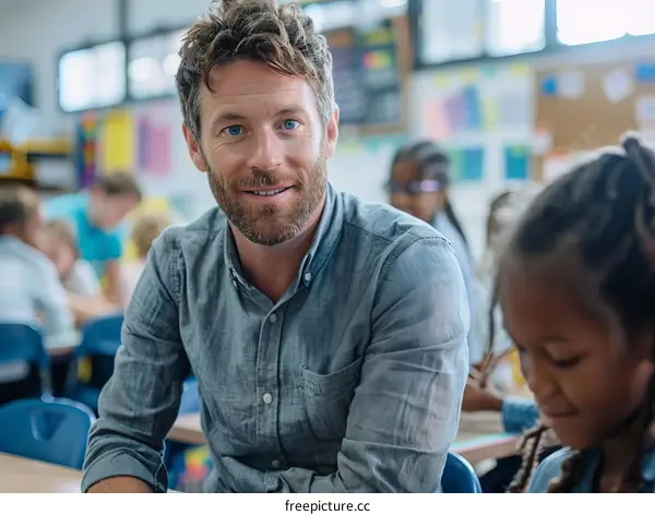 Male teacher sitting at his desk and looking at the camera with a smile on his face
