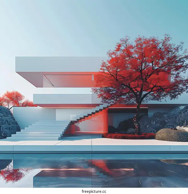 A modern house with a red tree in front of it