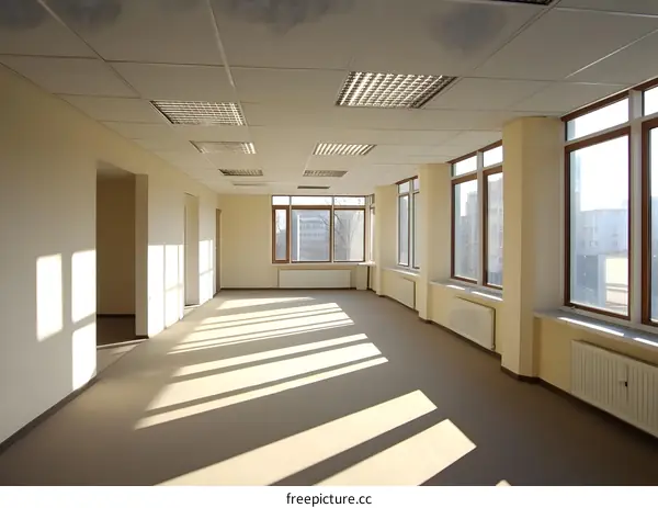 Empty Office Room with Windows and Sunbeams
