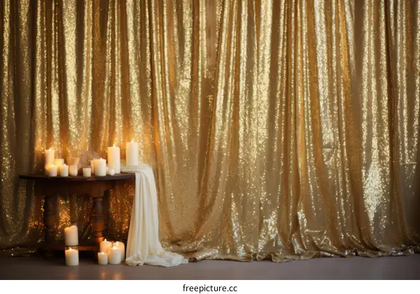 Gold Sequin Curtain with White Draping and Candles Backdrop