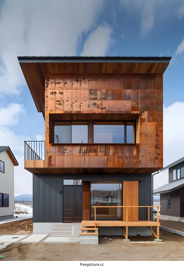 Modern House with Copper Siding and Wooden Deck