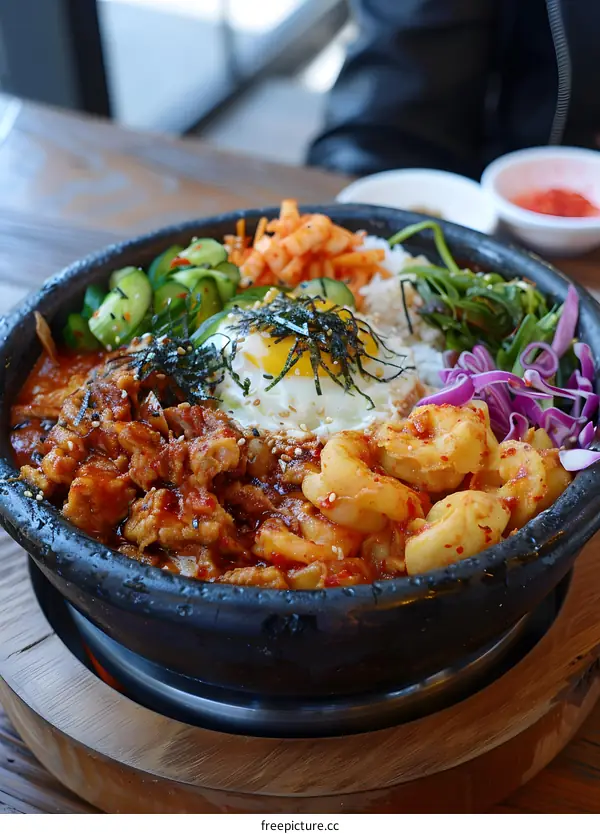 Korean food dolsot bibimbap in a hot stone bowl