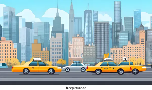Yellow Taxi Cab Driving On The Road In Front Of Skyscrapers In The City
