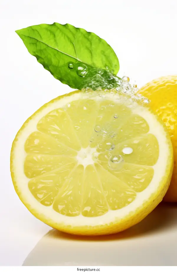 Lemon cut in half with water droplets and a green leaf