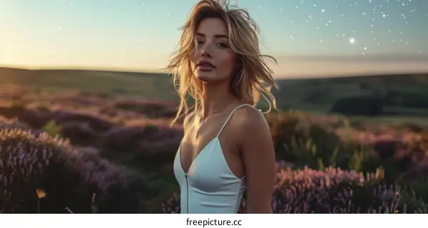 Young blonde woman standing in a field of lavender at sunset