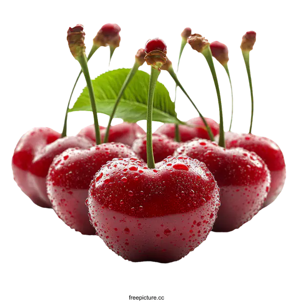 [Transparent Background PNG]Fresh Cherries with Water Droplets Close-up