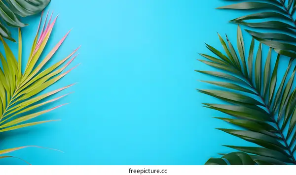 Tropical Palm Leaves on Blue Background