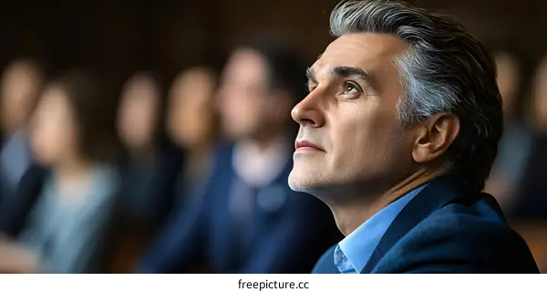 Businessman Looking Up in Thoughtful Pose with Blurry Background