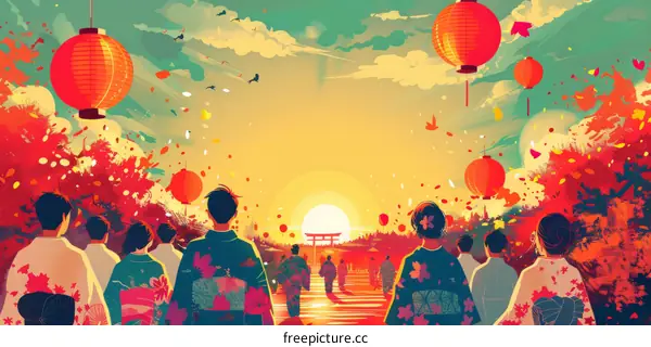 A group of people in traditional Japanese clothing walking towards a torii gate during a festival