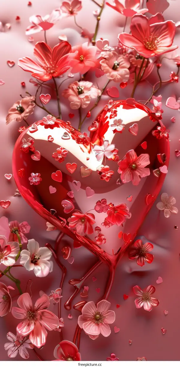 A heart-shaped red balloon with red and pink flowers inside