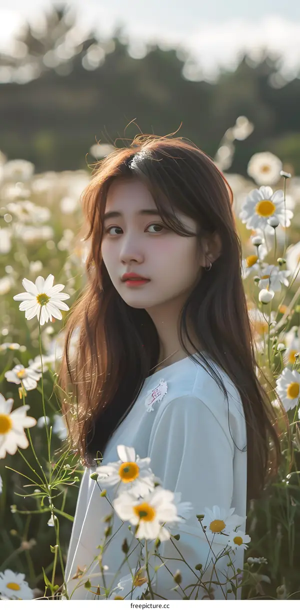 Young Asian Woman Posing in a Field of White Flowers