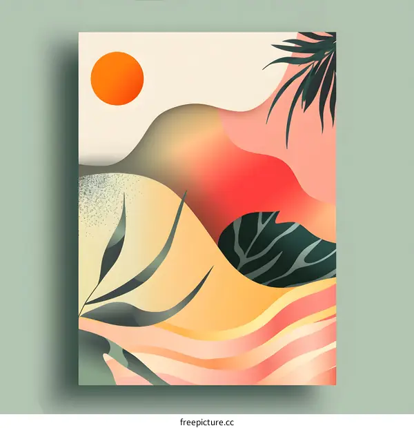 Abstract Art Illustration with  Layered Shapes and Tropical Leaves