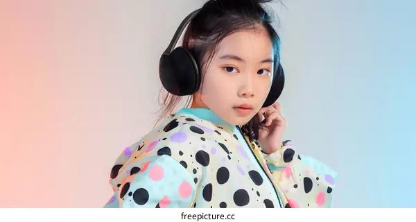 Asian Girl Wearing Headphones and a Polka Dot Jacket