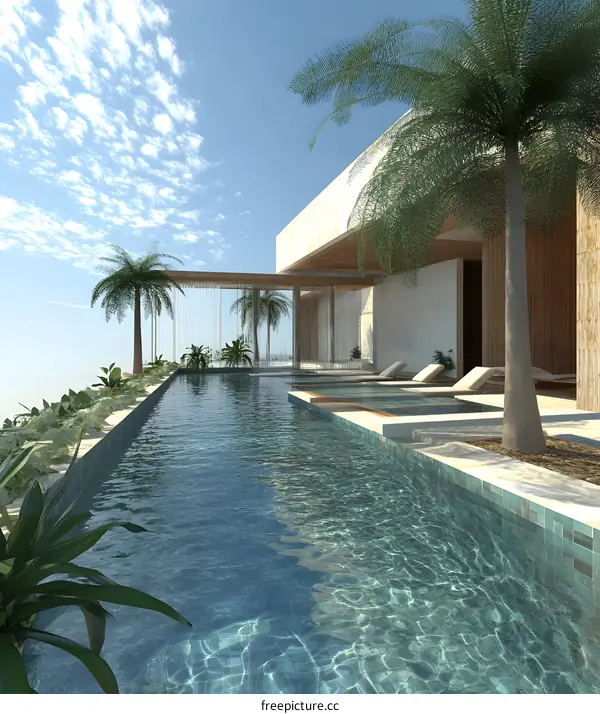 Modern Minimalist Poolside Villa with Palm Trees and Sky