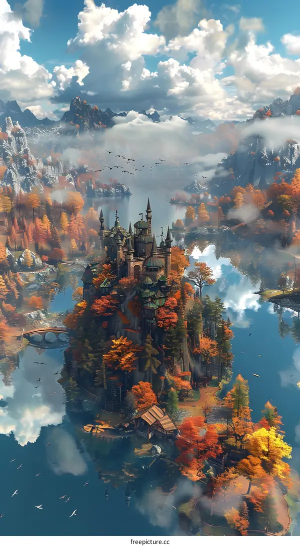 Autumn Fantasy Landscape with Castle on Island