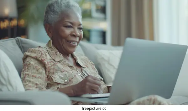 Smiling senior woman using laptop at home