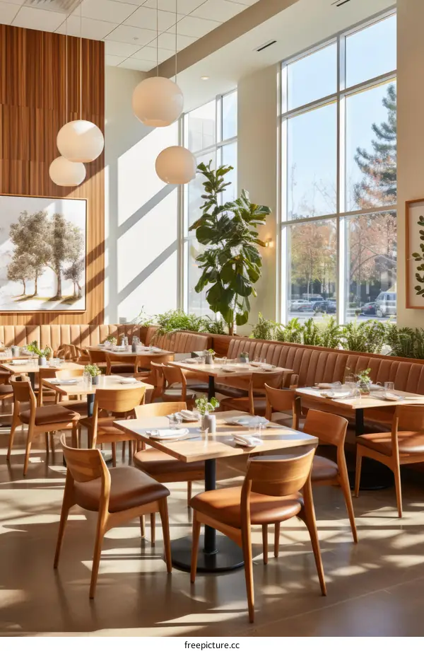 Wood and Glass Interior of Restaurant with Large Windows