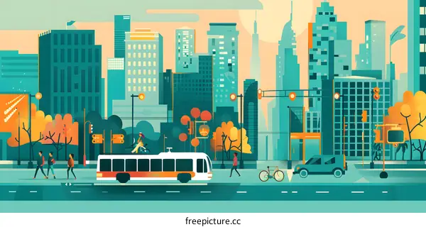 Cityscape Illustration with People Walking and Riding Bikes