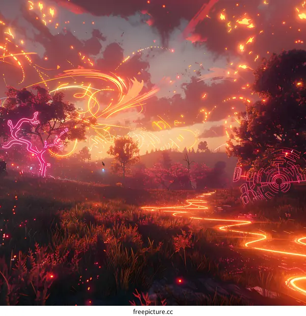 fantasy landscape with glowing river and neon plants