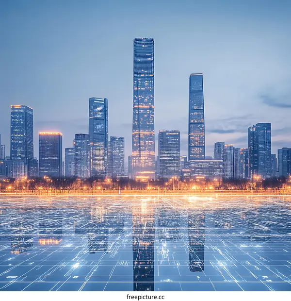 Modern City Skyline with Digital Network Reflection