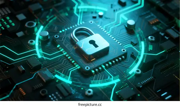 Security Chip with Circuit Board and Glowing Lock Icon