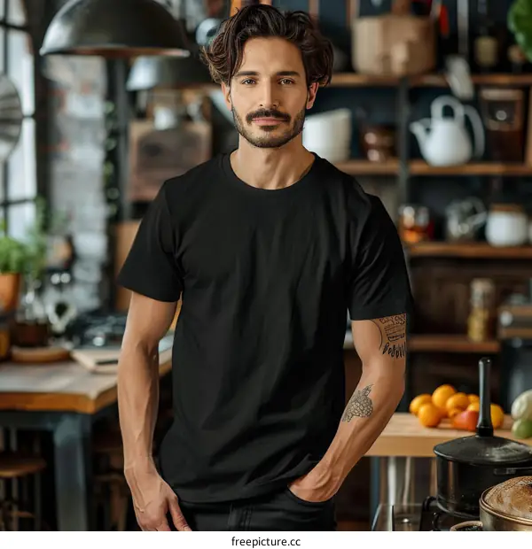 Handsome young man standing in the kitchen
