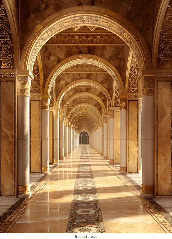 A long hallway with columns and arches