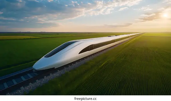 Modern High-Speed Train Across Lush Fields at Sunset