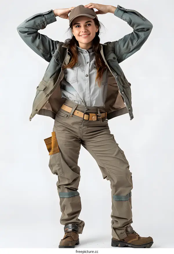 Woman in Workwear Posing on White Background